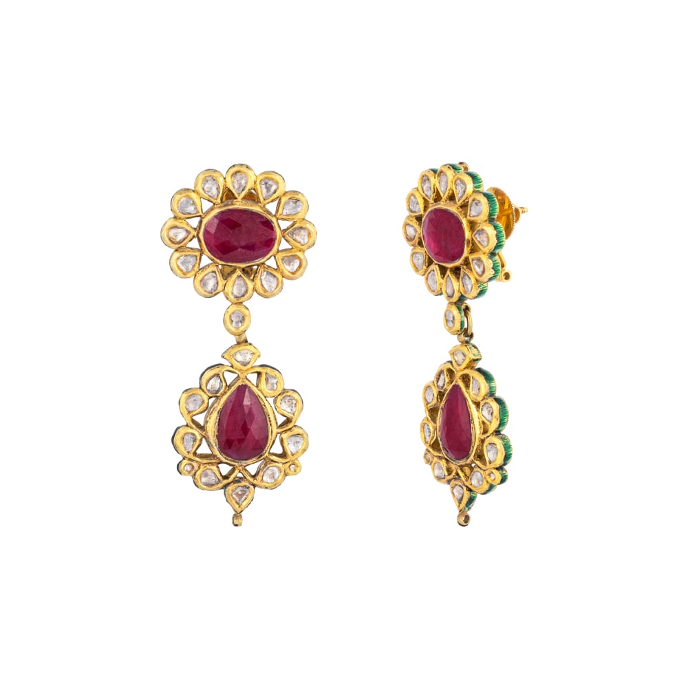 Floral Polki Earrings with Ruby Center & Teardrop Accents